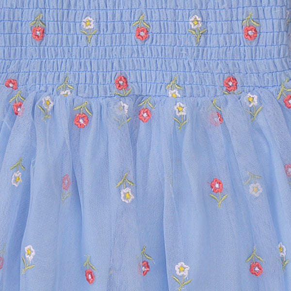 שמלת מינוטי תכלת עם טול רקום תינוקות ופעוטות 12-36M